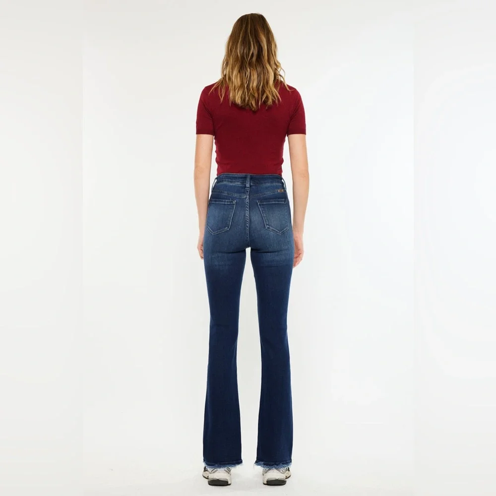 Kancan Rainn Ultra High Rise Flare Jeans Button Fly Raw Hem Size 7/27 Dark‎ Wash